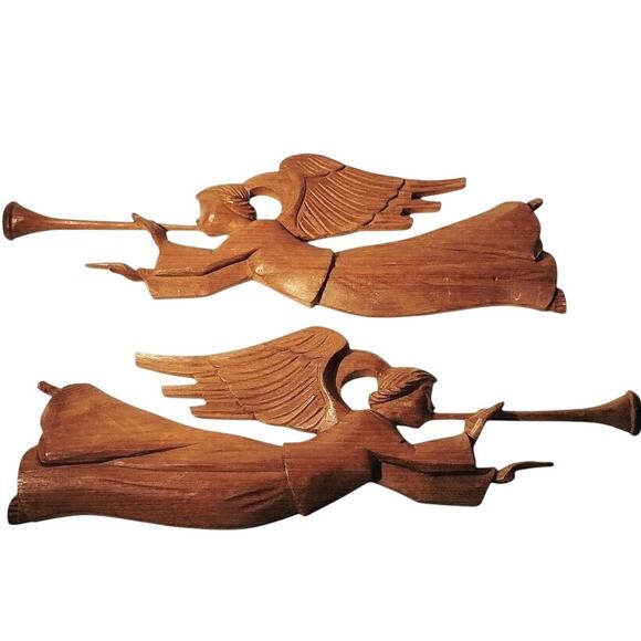 Vintage Flying Angels with Horn Wall Decor Wood Christmas Holiday Gifts 15" - Picture 1 of 12